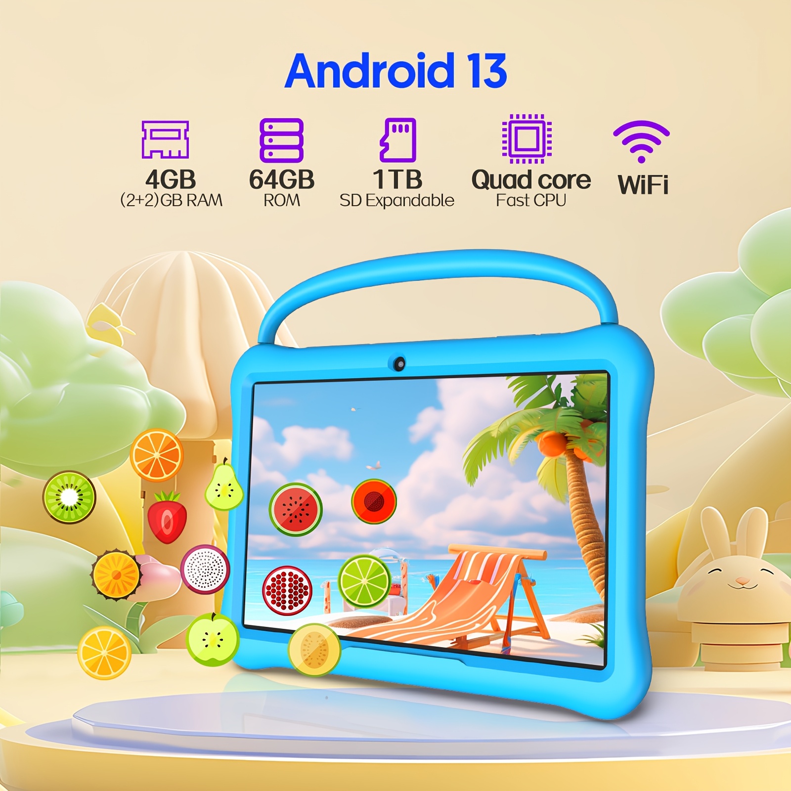 10.1 Inch Tablet, Android 13 Kids Tablet, ATM, 4GB (2+2)RAM, 64GB ROM, Quad Core Processor, 1TB Expandable Memory, 6000 MAh Battery, Dual Camera 2.0MP+8.0MP, 1280*800 HD Touch Screen, Parental Controls, Holiday Gift