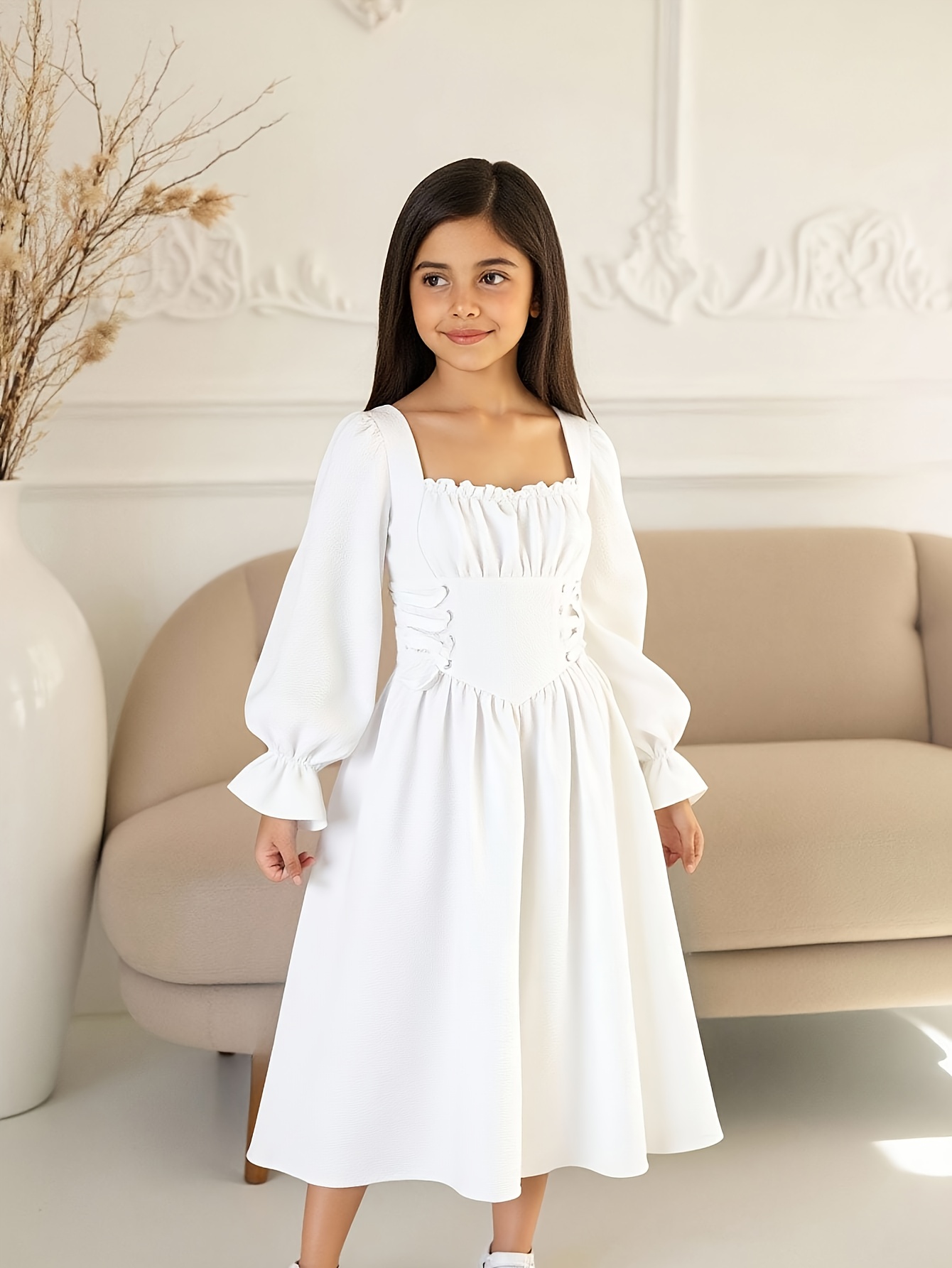 Girls' Vintage Dress Suitable for Back to School - Lace-Up Waist Ruched  Bust Square Neck Flare Sleeve Dress, -Line Maxi Dress for Tween Girls,  Machine Washable School Dress for Parties, Church & * for ...