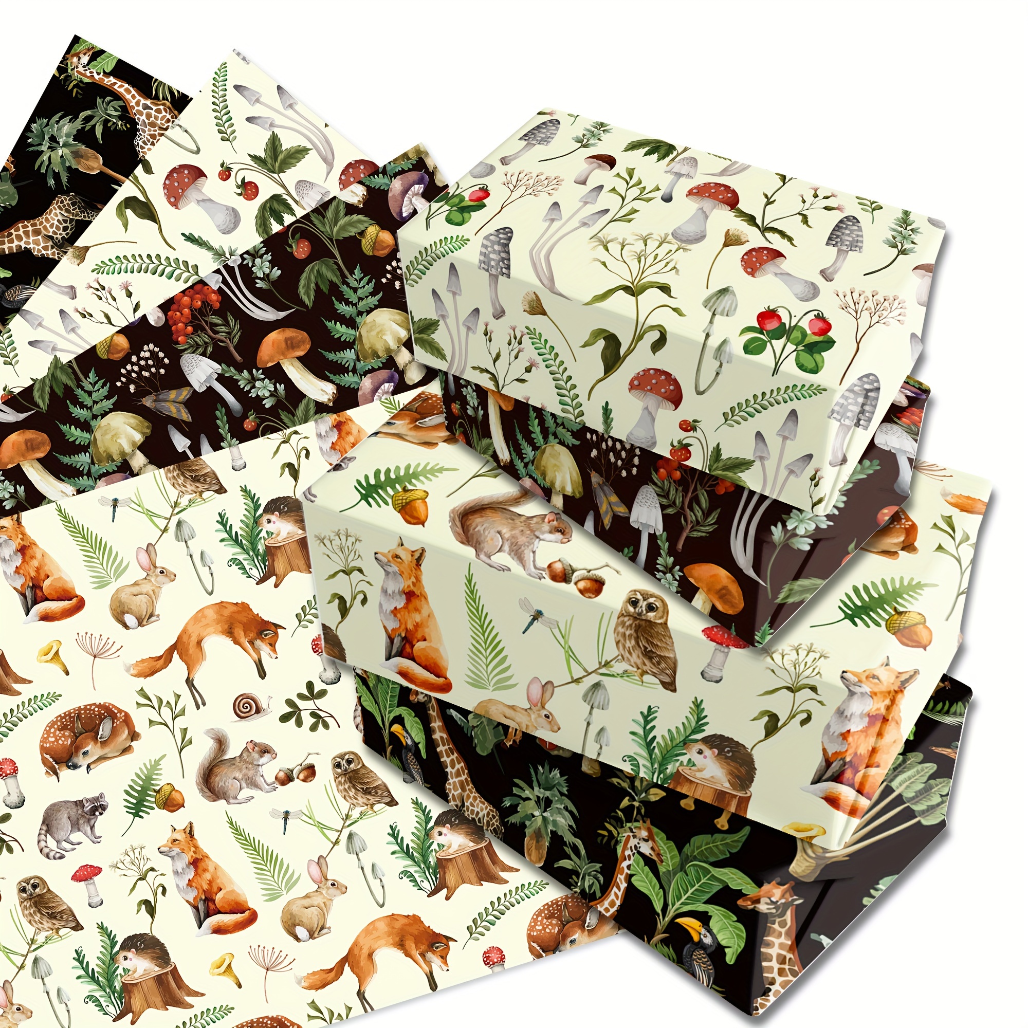 

And Mushroom Themed Gift Wrap Paper - 12 Sheets Of Cartoon Wrapping Paper For Crafts And Party Supplies - Featuring , Wolves, And Foliage Patterns - Paper Accessory For Birthday And Holiday Presents