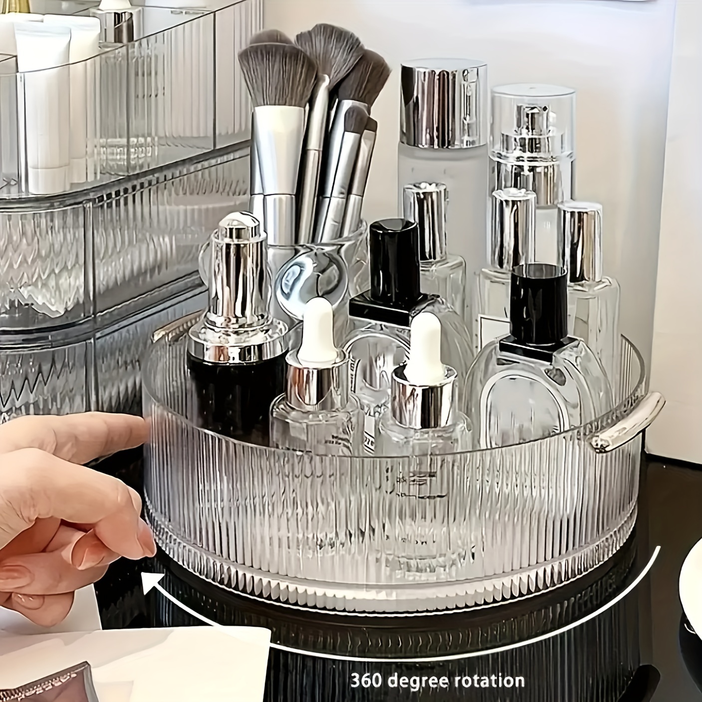 

1pc Desktop Plastic Cosmetic Storage Box, Rotating Large Capacity Perfume Skincare Products Tray Multifunctional With Handle Kitchen Seasoning Organizer Shelf