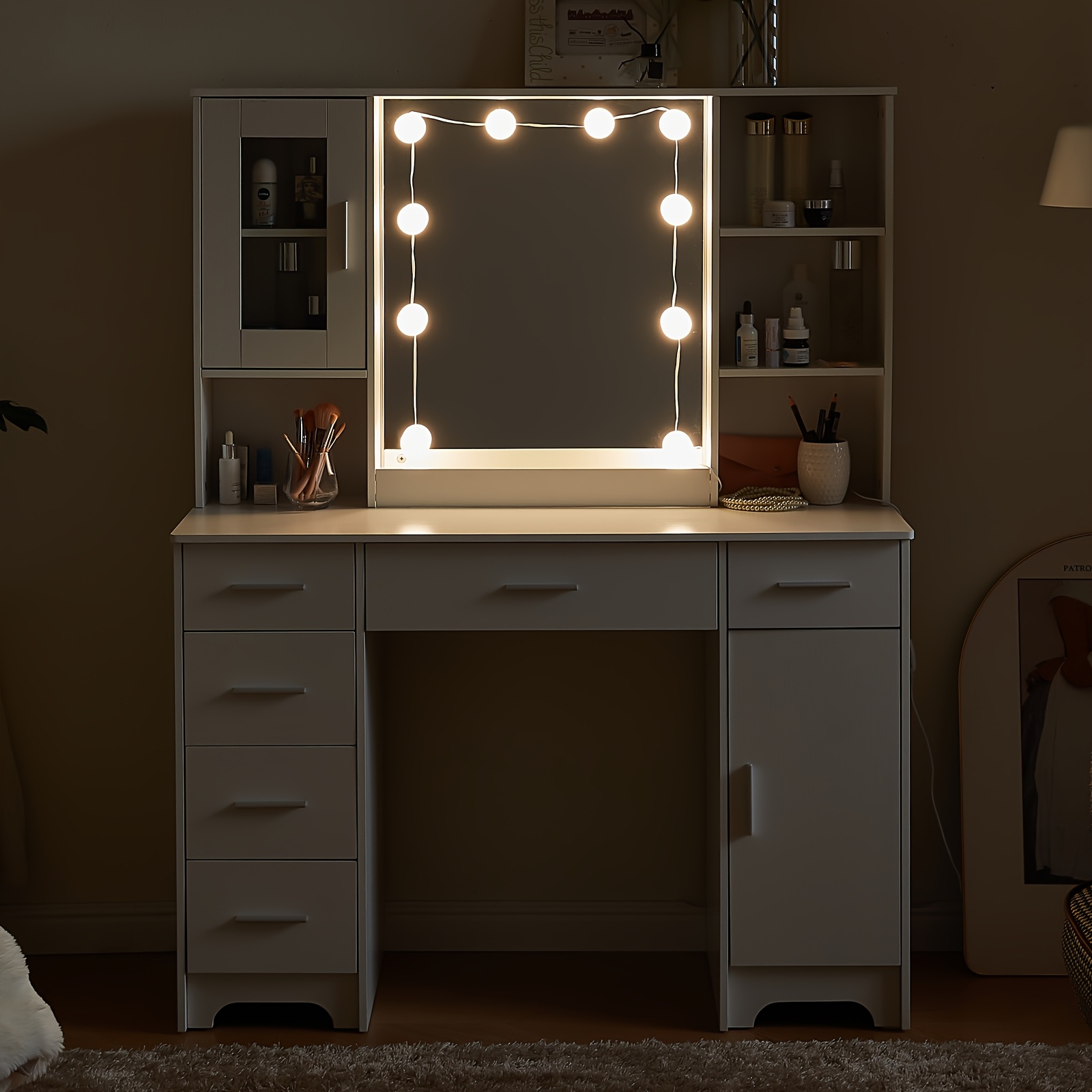 Stylish Lighted Vanity Set with Hollywood Mirror & Ample Storage