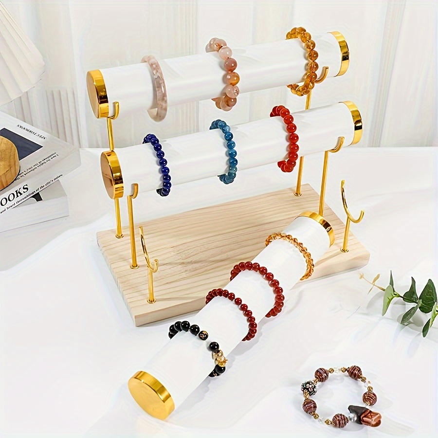 

1pc Wood And Metal Triple Tier Bracelet Holder, Jewelry Display Stand For Bracelets, Watches, Bangles, Party Decor Organizer, Available In Black, White, Green, Beige