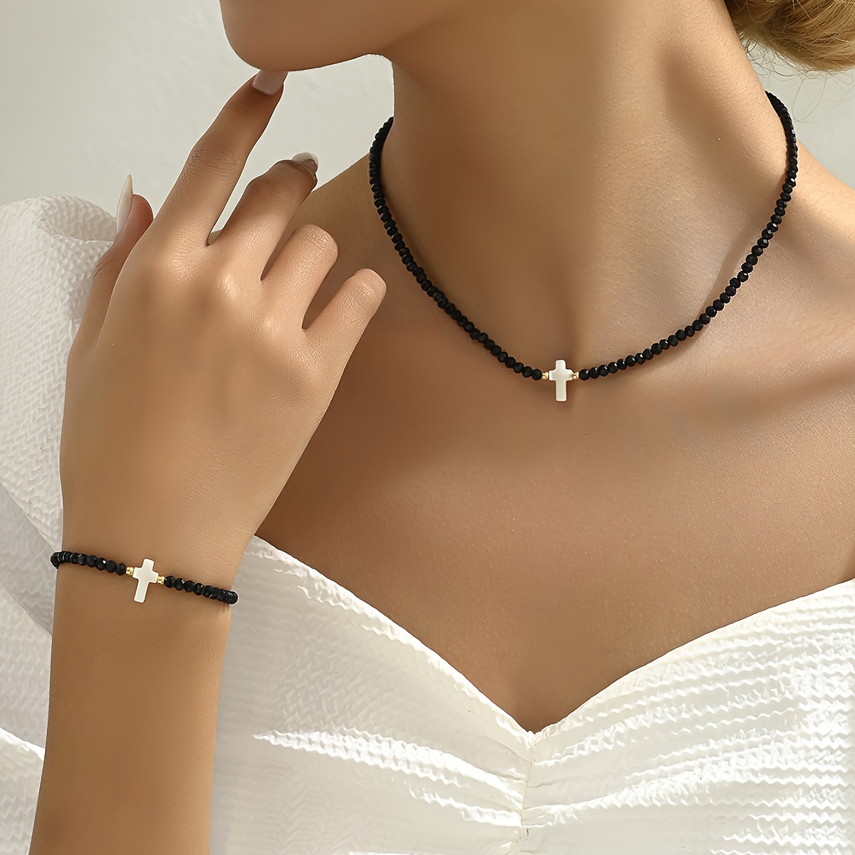 

White Cross Black Beads Decor Necklace & Bracelet Elegant Simple Style Delicate Female Gift