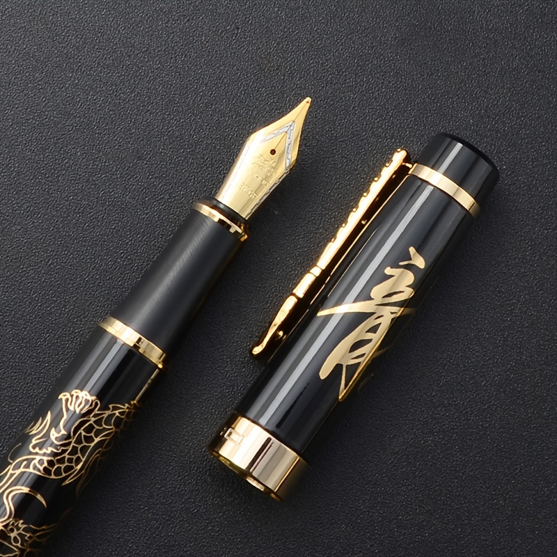 

1pc Dragon Design Golden Clip Fountain Pen - Ergonomic, Medium Nib, Brass Body With Intricate Golden & Black Detailing - Ideal For Office & Business Gifting - Includes 2.6mm Ink Converter, Or Gift Box