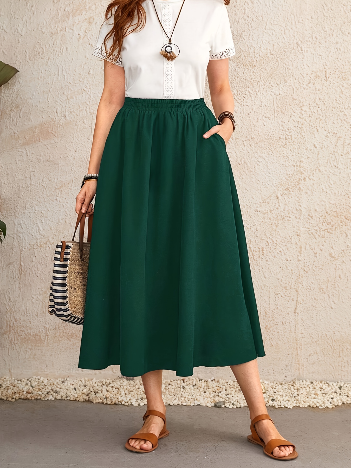 women's elastic waist a line midi skirt side pockets solid Temu