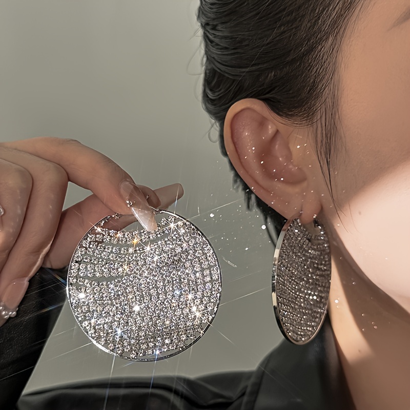 

Luxury Bling Bling Round Circle Zirconia Earrings, Exaggerated Sparkling Hoop Earrings For Glamorous Style