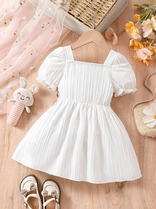 baby quadratischer rundhalsausschnitt einfarbig blumenstickerei strukturiertes puff kurzarm kleid einteiliges sommeroutfit mädchenmode prinzessinnenkleid für tägliche freizeit outdoor niedlicher süßer stil