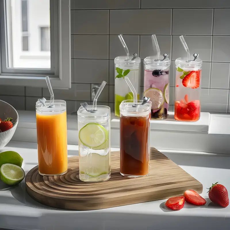 6pcs square glass cups with lids straws insulated reusable drinking glasses scratch resistant hand drawn for iced coffee cocktails office parties outdoor use perfect father s day christmas mother s day gift Product details 6