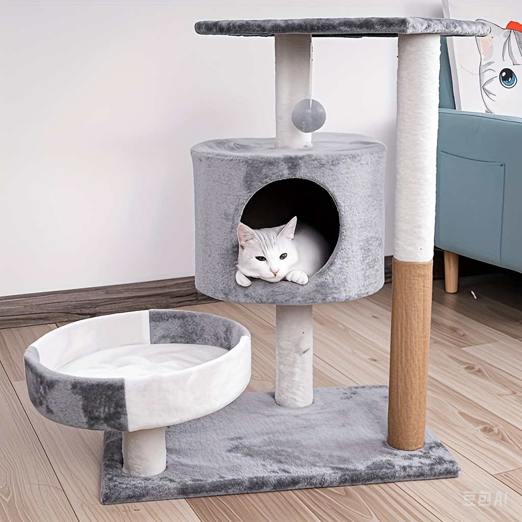 Deluxe 3-tier cat tree with cozy hideaway, perch platform, bonus hanging ball toy