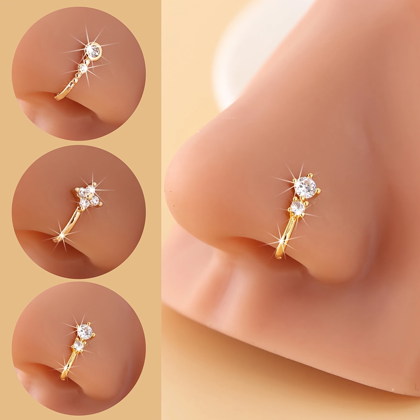 3 stück u-förmige piercingfreie  ringe und clips - elegante und funkelnde accessoires für alltagspartys,   für bequeme, nicht-piercierte  , bohemian style, weißgoldenverkleideter kupfer mit synthetischem zirkon, alltagsaccessoire | minimalistisches design | einfacher clip-on-design