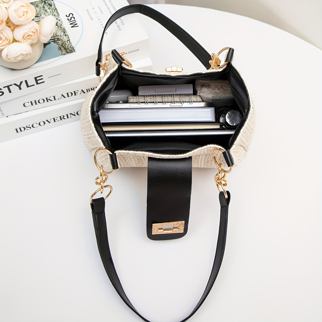 TEMU Sac Bandoulière Tissé Style Luxe Léger, Grande Capacité Color-Block, Bandoulière Simple avec Patchwork et Serrure, Tissu Résistant à l' et Doux