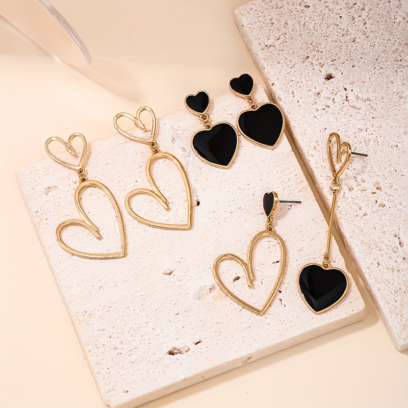 

1 Pair Trendy Heart Drop Earrings Asymmetrical Black Golden Earrings Elegant Jewelry For Women Valentine's Day Gift
