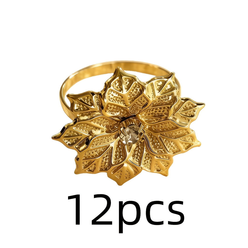 TEMU Lot de 12 ou 6 ronds de serviette en métal avec fleur de dorée pour décoration de table