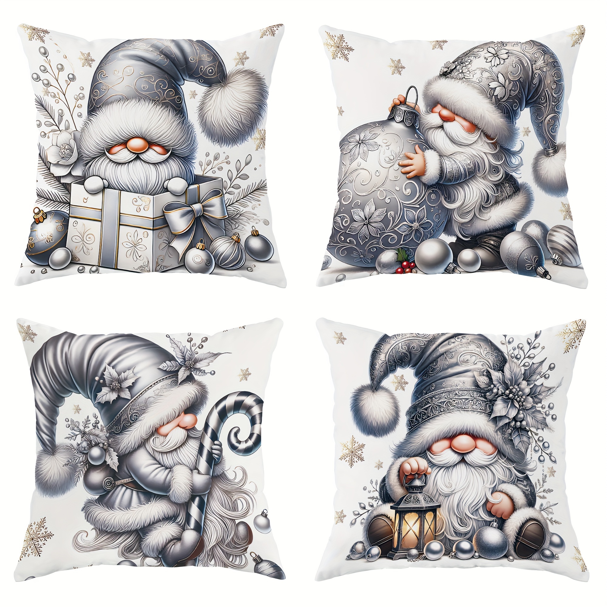 

4pcs Set Christmas & Poinsettia Velvet Throw Pillow Covers - Soft, Cosy & Decorative Grey Cushion Cases For Living Room & Bedroom - Zip Closure, Machine Washable - Perfect Gift, Christmas Decor