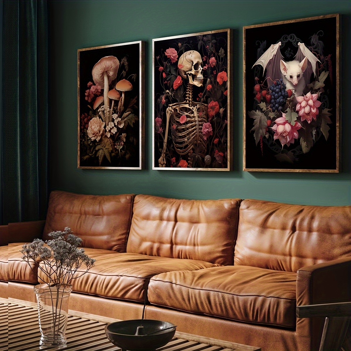 Gothic Elegance: 3-Piece Mushroom, Skull &amp; Bat Canvas Art Set - Vintage Floral Wall Decor For Home &amp; Office