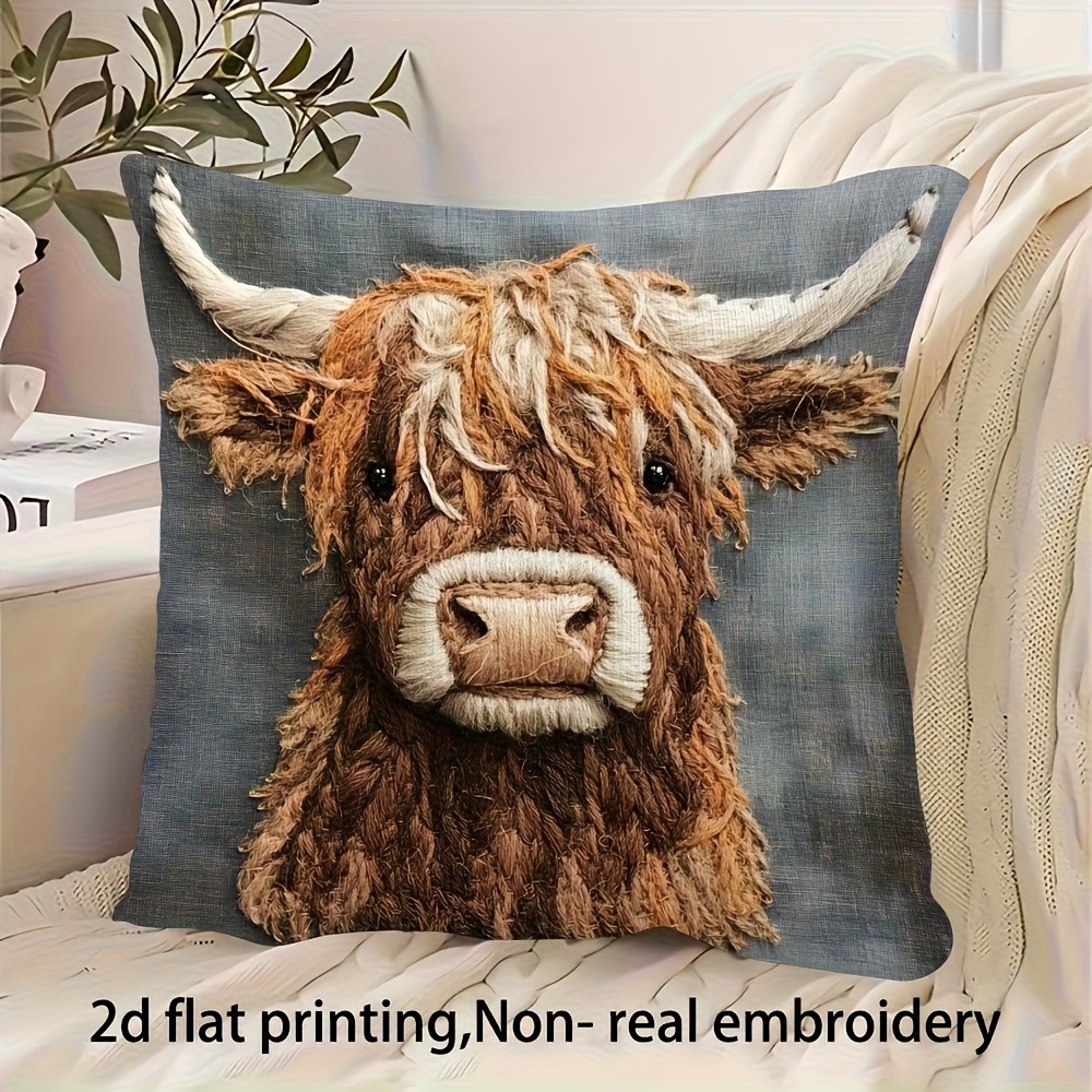 TEMU 1 Highland Cow Plush Pillow Cover - 2d Flat Print Rustic Brown And , Non-embroidered, 18x18 Inches, Soft Polyester Decorative Cushion Case With