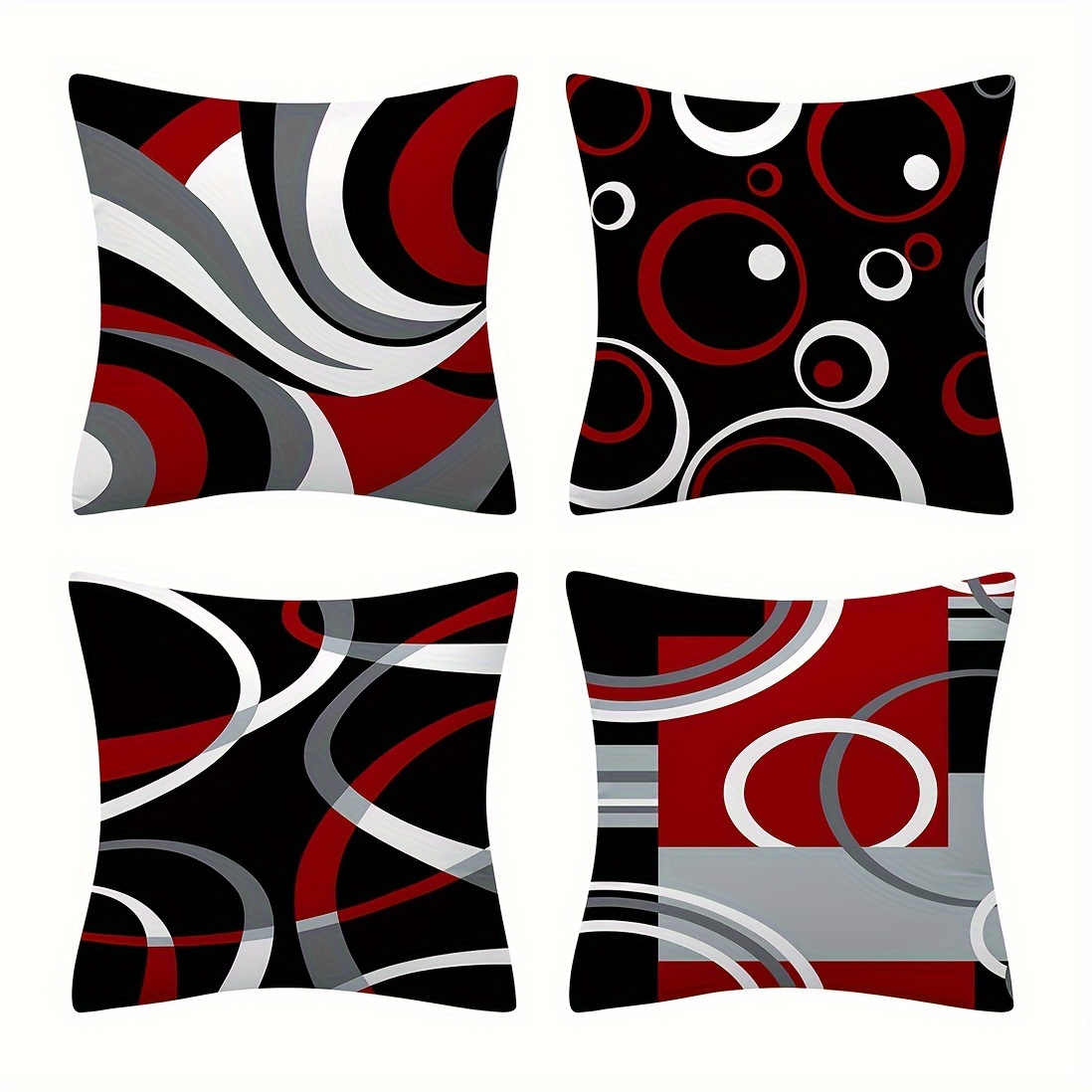 

Contemporary Geometric Wave Print Throw Pillow Covers, Set Of 4, Black And Red, Polyester, Hand Wash, Zipper Closure, Decorative Pillow Cases For Couch, Weaving Woven Texture - 45cm X 45cm