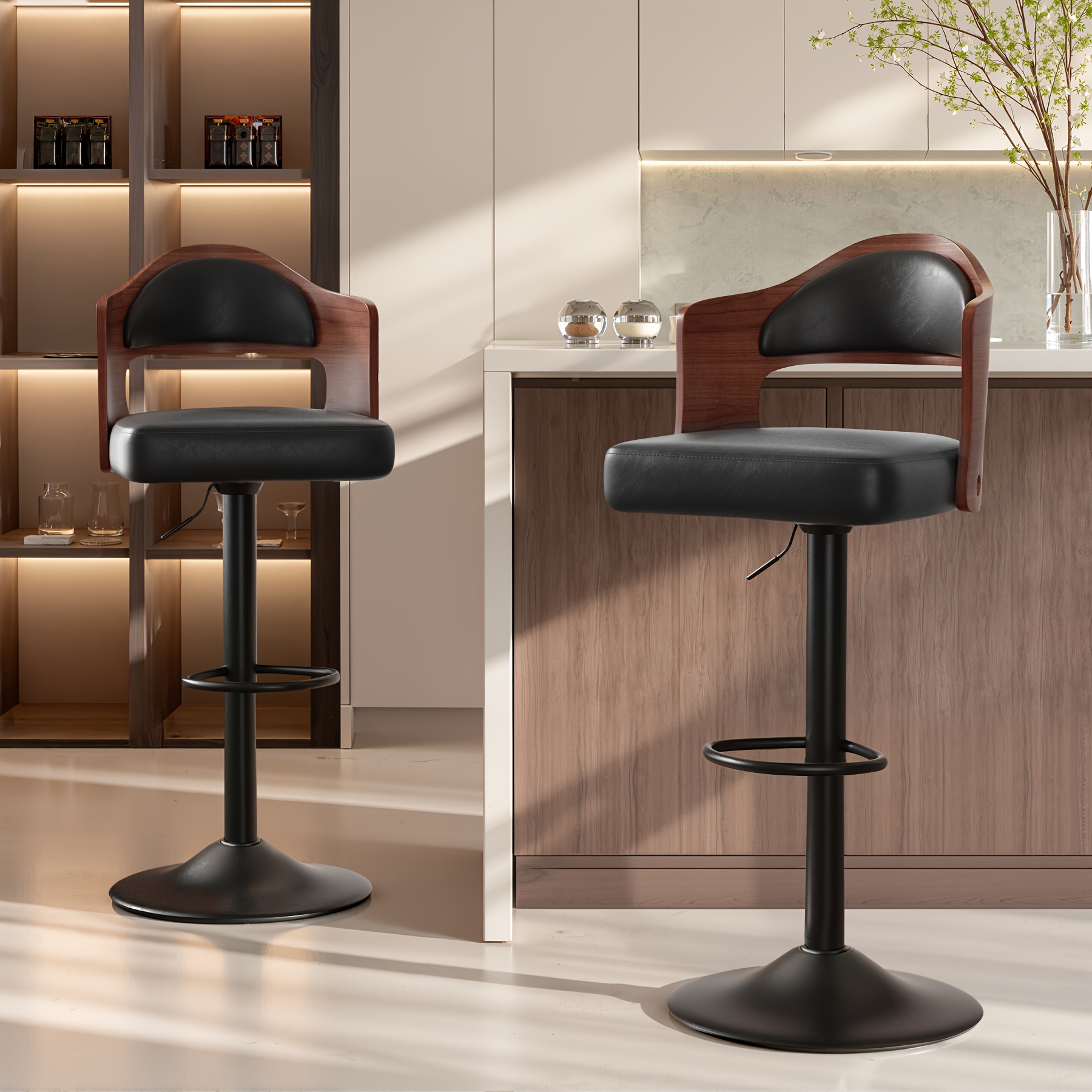 TEMU Swivel Bar Stools Set Of 1/2/3/4, Modern Barstools With Pu Leather Upholstered, Wooden Back, Footrest, Counter Height Bar Chairs, For Kitchen