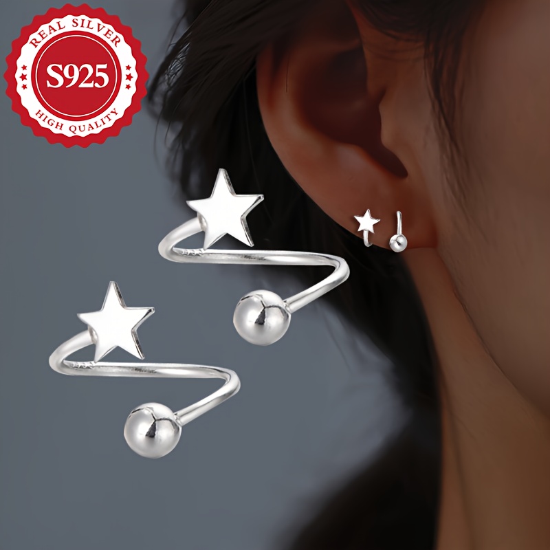 

Pair, S925 Silver, Star Spring Ears, Screw , Exquisite And Elegant, Cute And Compact, Women', Worn In Multiple , Low Allergy, Suitable For On Christmas, 1.15g