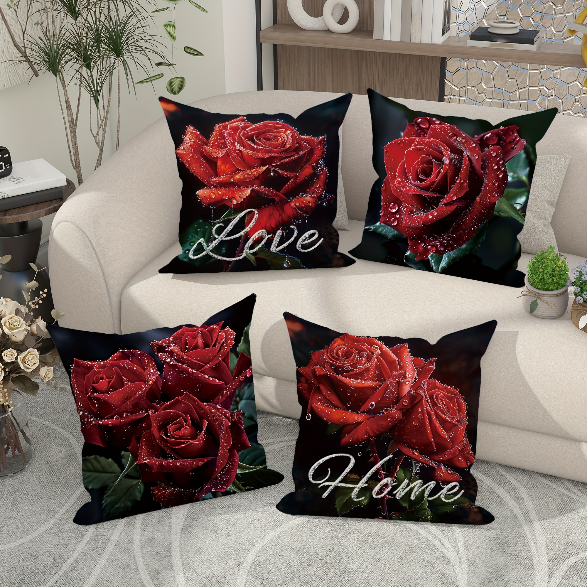 

4-pack Red Rose Flower Velvet Throw Pillow Covers With Zipper Closure - 18x18 Inch Contemporary Floral Decorative Cushion Cases For Living Room, Sofa, Bed - Machine Washable, Polyester, Motif