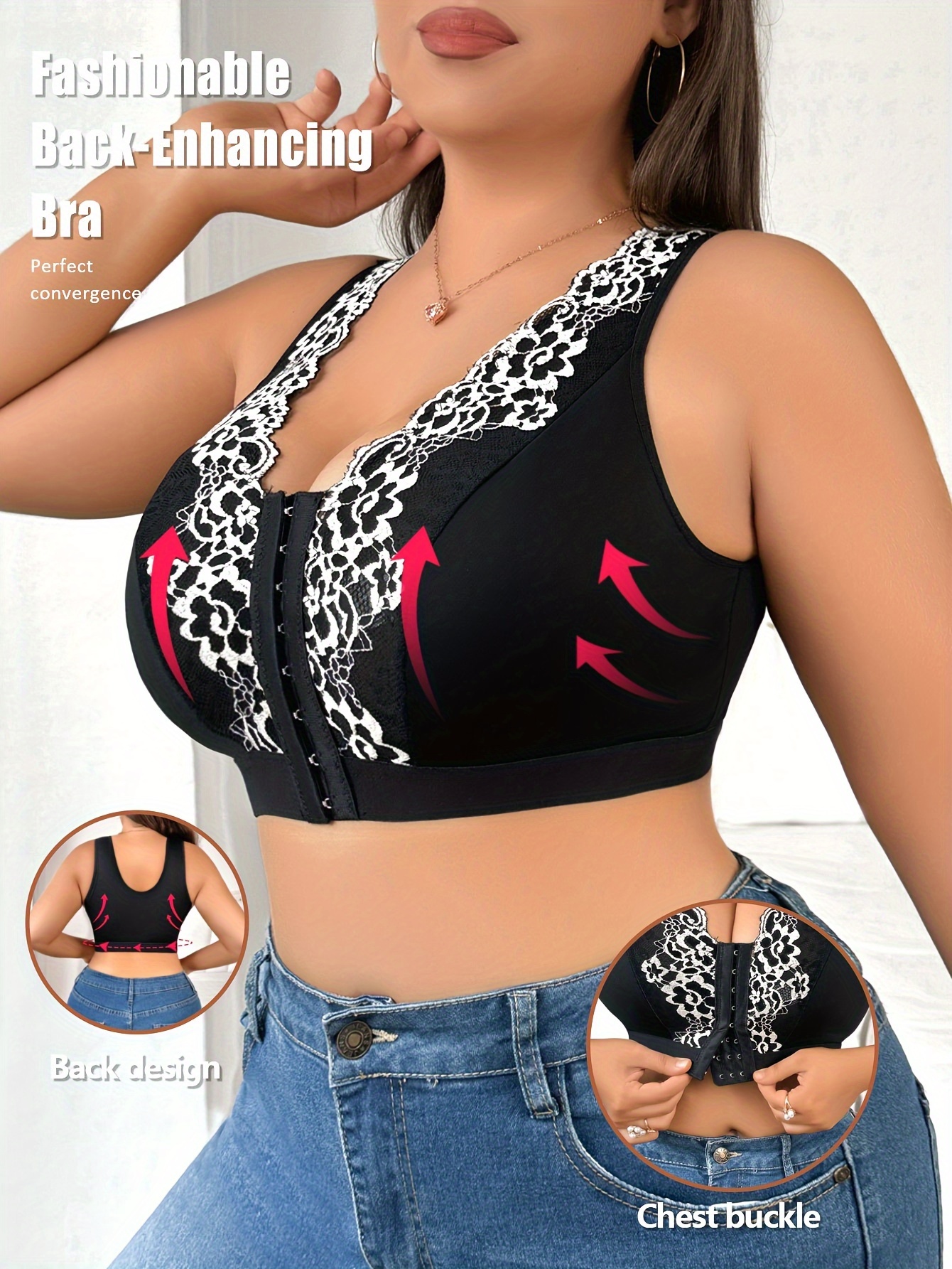 Plus Size Sexy Bra, Women's Floral Embroidery Front Closure Full Cover Bralette