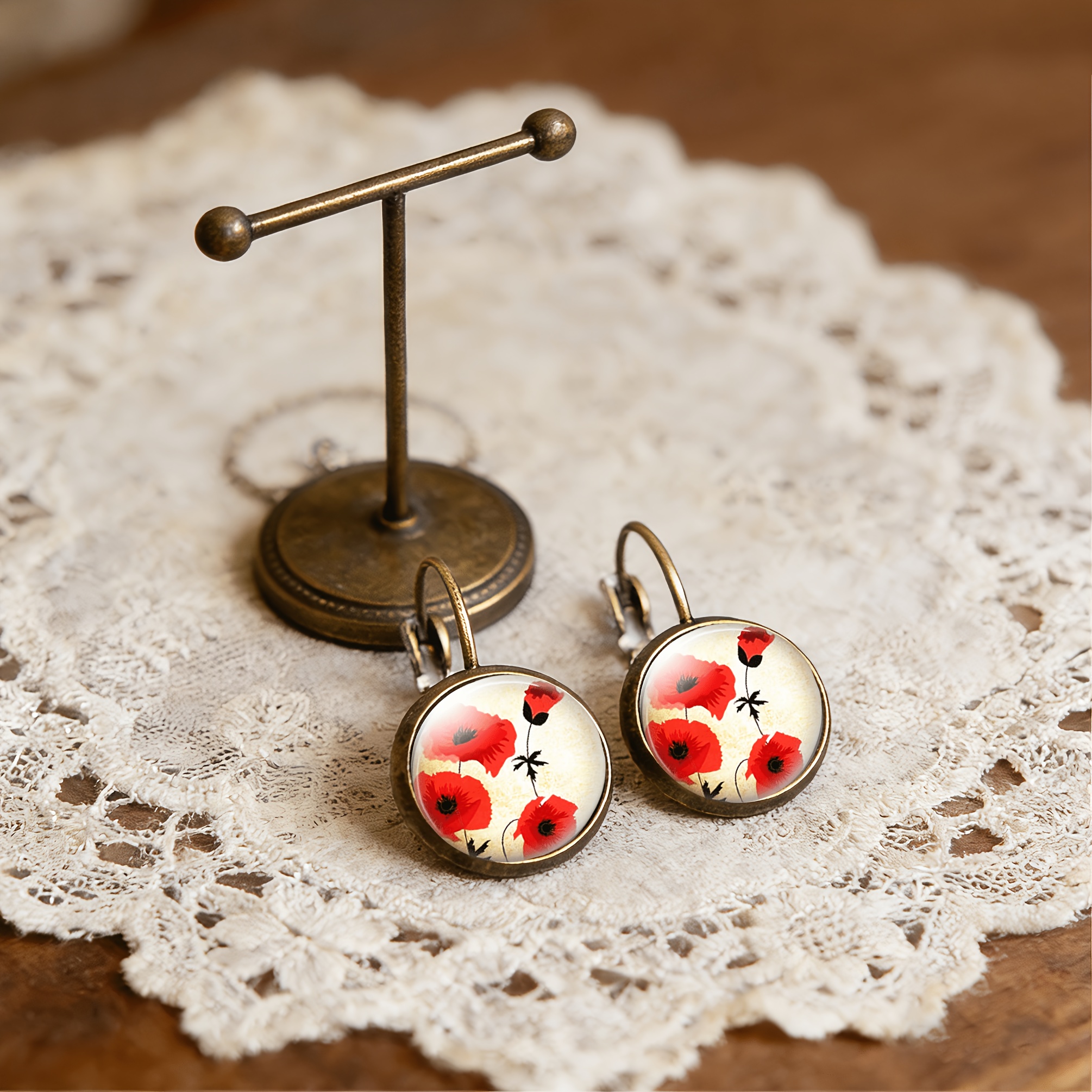 Cyan Round Classical Earrings with Floral Print, Unisex