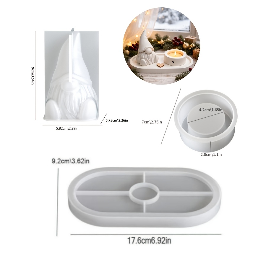 TEMU Resin Silicone Mold 3pcs Christmas Faceless Santa Claus&round Candlestick&elliptical Tray Set Decoration Mold Suitable For Making Gypsum Candles