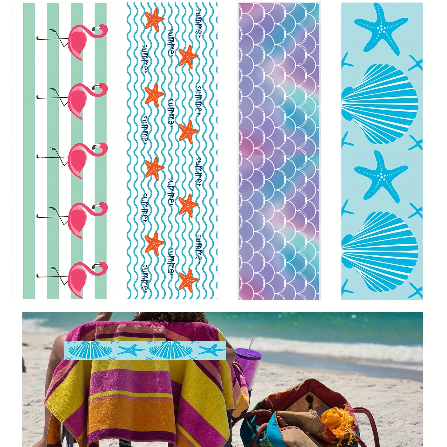 E-shop Set mit 4 elastischen Bändern für Strandtücher - Clips für Handtücher, Badeanzughalter, farbenfrohes tropisches Ozean-Design - Ideal für Pools,