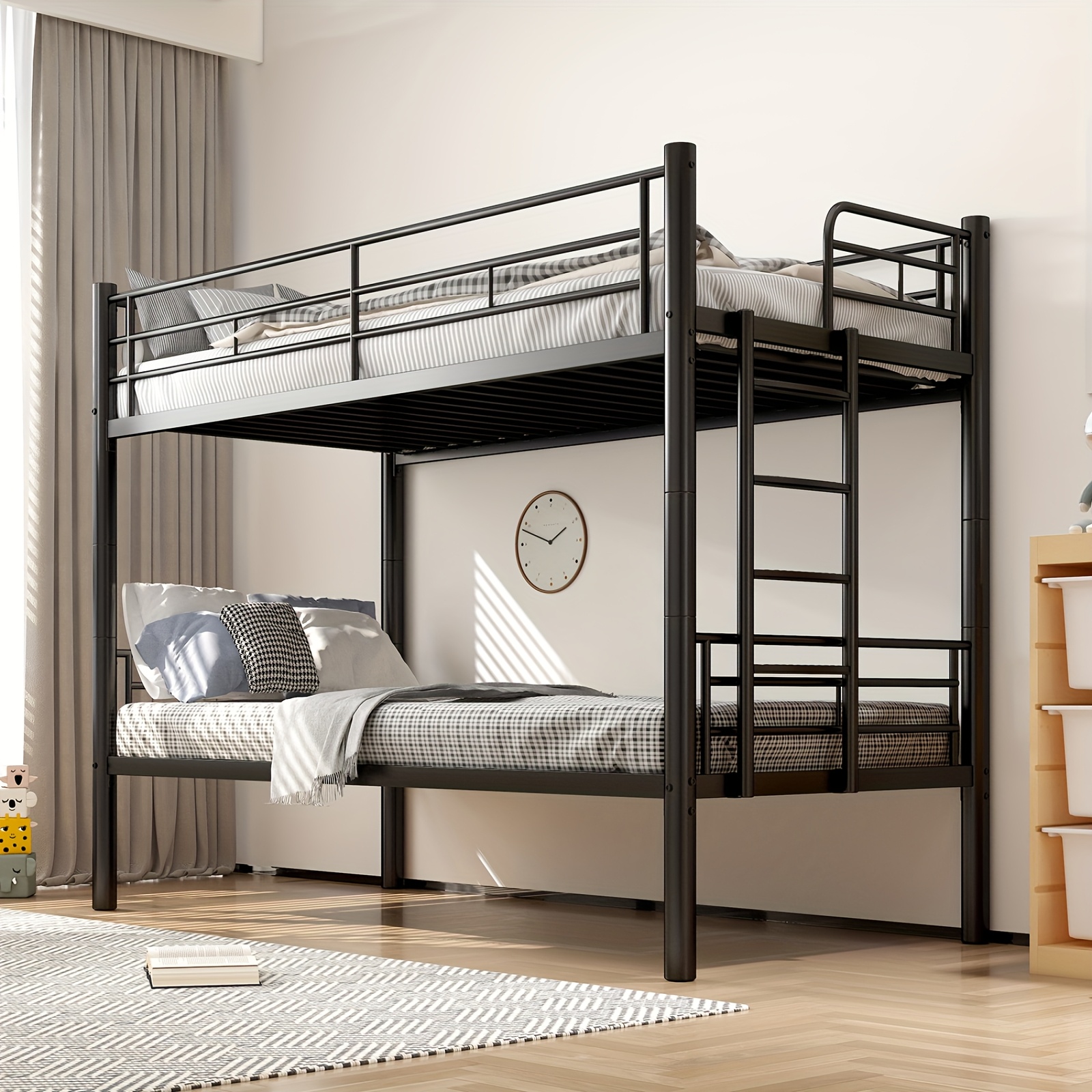 Image of Modern Convertible Bunk Bed With Safety Rails & Non-slip Stairs - To 2 Single Beds, Metal Frame With Slatted Bed Base Suitable For ' Rooms, Guest Rooms, Dorms, Apartments - Space-saving Bed Frame