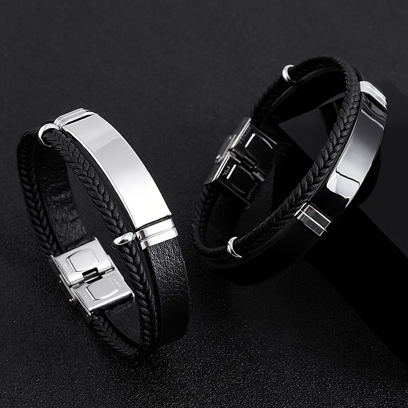 Personalized Men's Braided Faux Leather Bracelet - Double Layer Adjustable