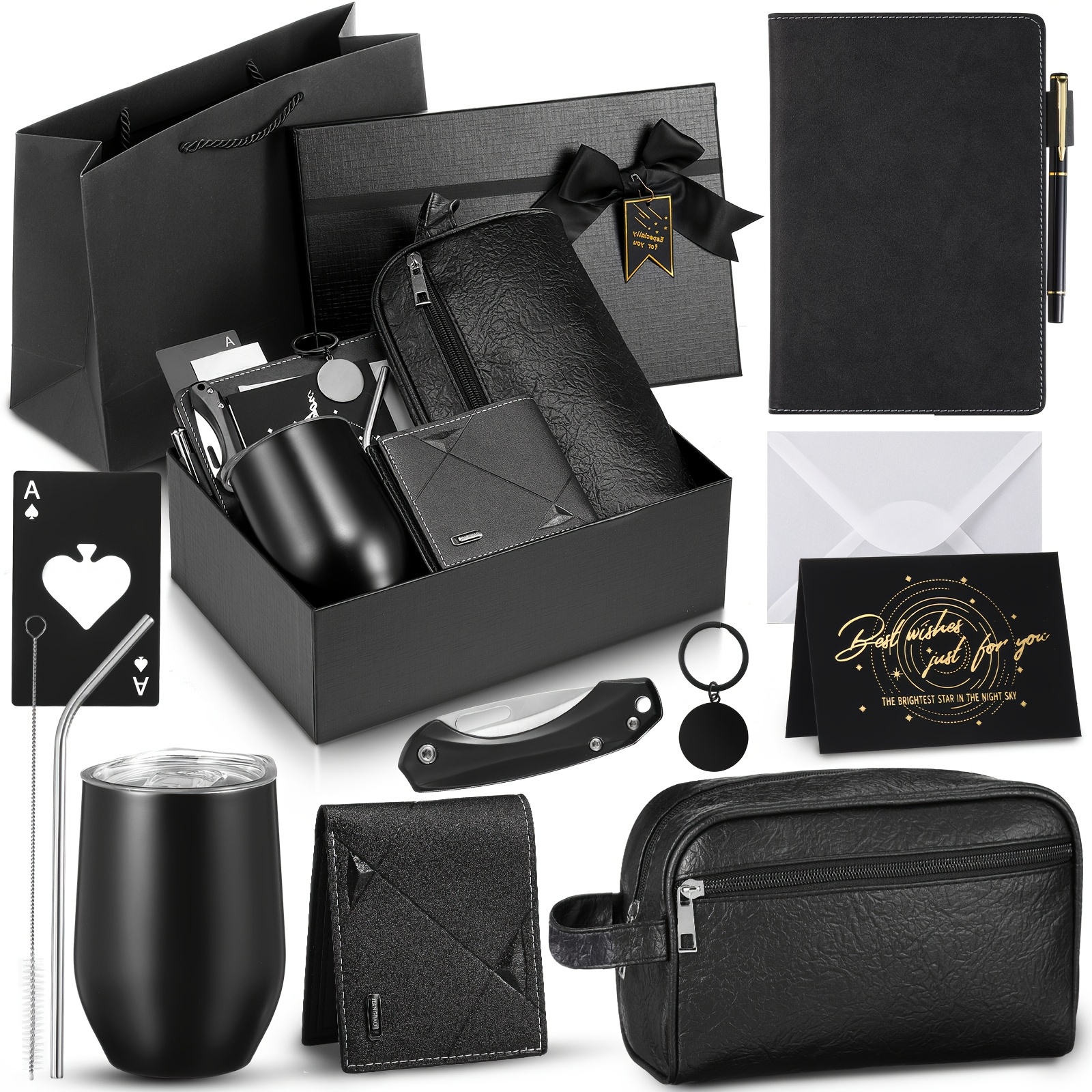 13pcs Men'S Birthday Gift Basket Set - 12oz Tumbler, Toiletry Bag, and Accessories - Ideal for Dad, Boyfriend, Husband, Brother - Perfect for Valentine'S Day, Christmas, and Special Occasions, Gift Basket Set|Sleek Black Design|Durable Construction, Gift Basket for Men