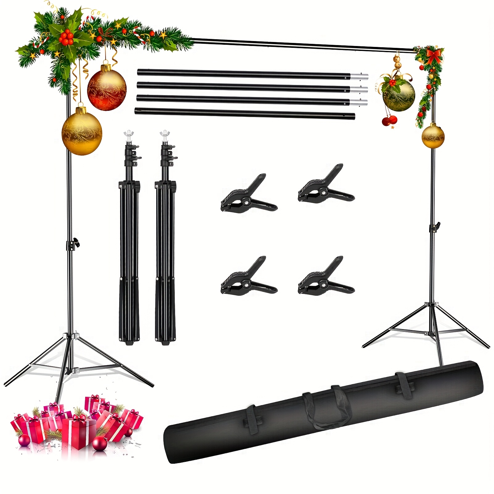 Sh Photo Studio Backdrop Support System, 10ft/ Wide 7ft/2m High Adjustable Background Stand With 4 Crossbars, 4 Backdrop Clamps And Carrying Bag