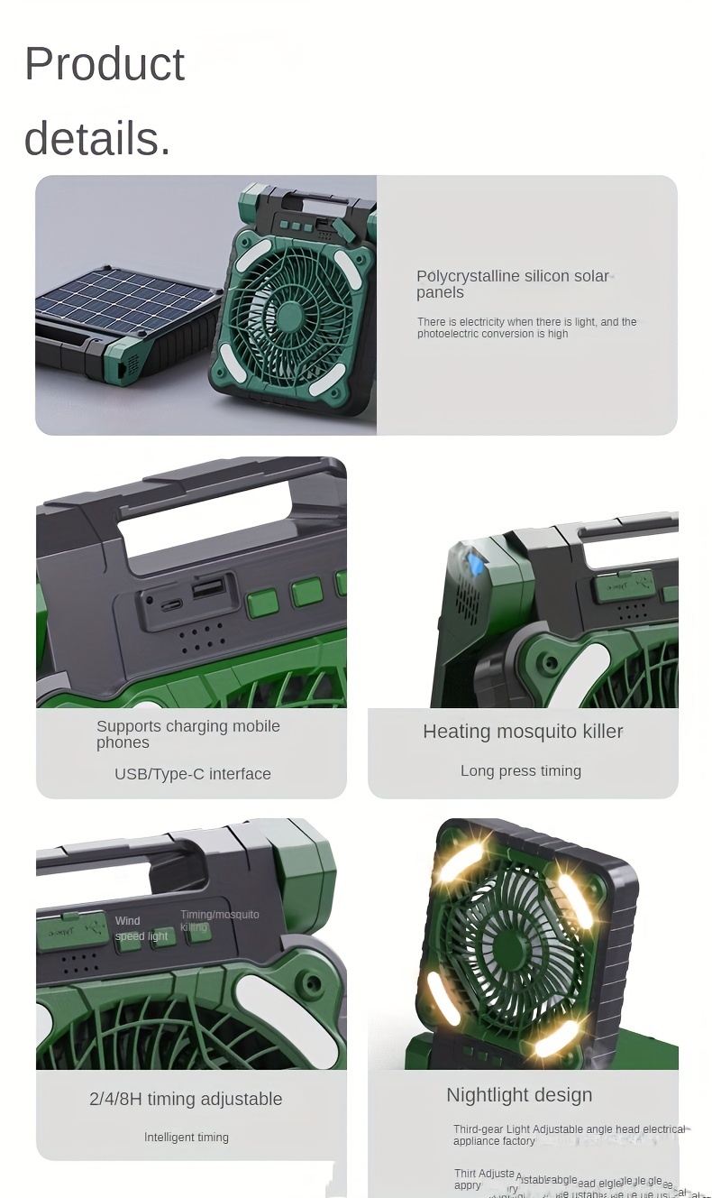 1pc solar powered led light and portable folding outdoor fan with usb charging antique abs material 36v operating voltage rechargeable lithium battery for camping and desk use details 4
