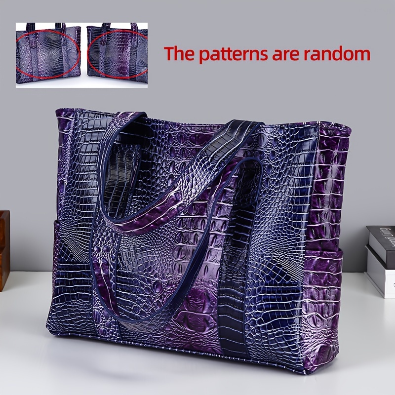 TEMU Chic Blue Crocodile-embossed Tote Bag For Women - Shoulder & Handbag With Zip Closure, Pu Material