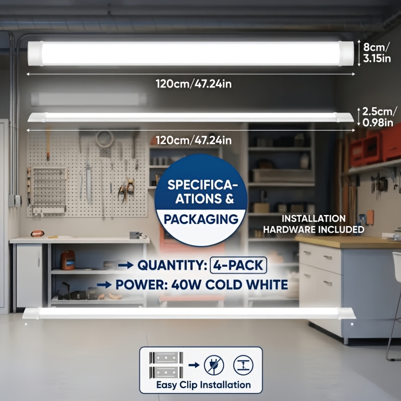 Image of [4-pack] 120cm 4ft Led Ceiling Batten Light 40w 6500k Cold White 4000 Workshop Garage Basement Light