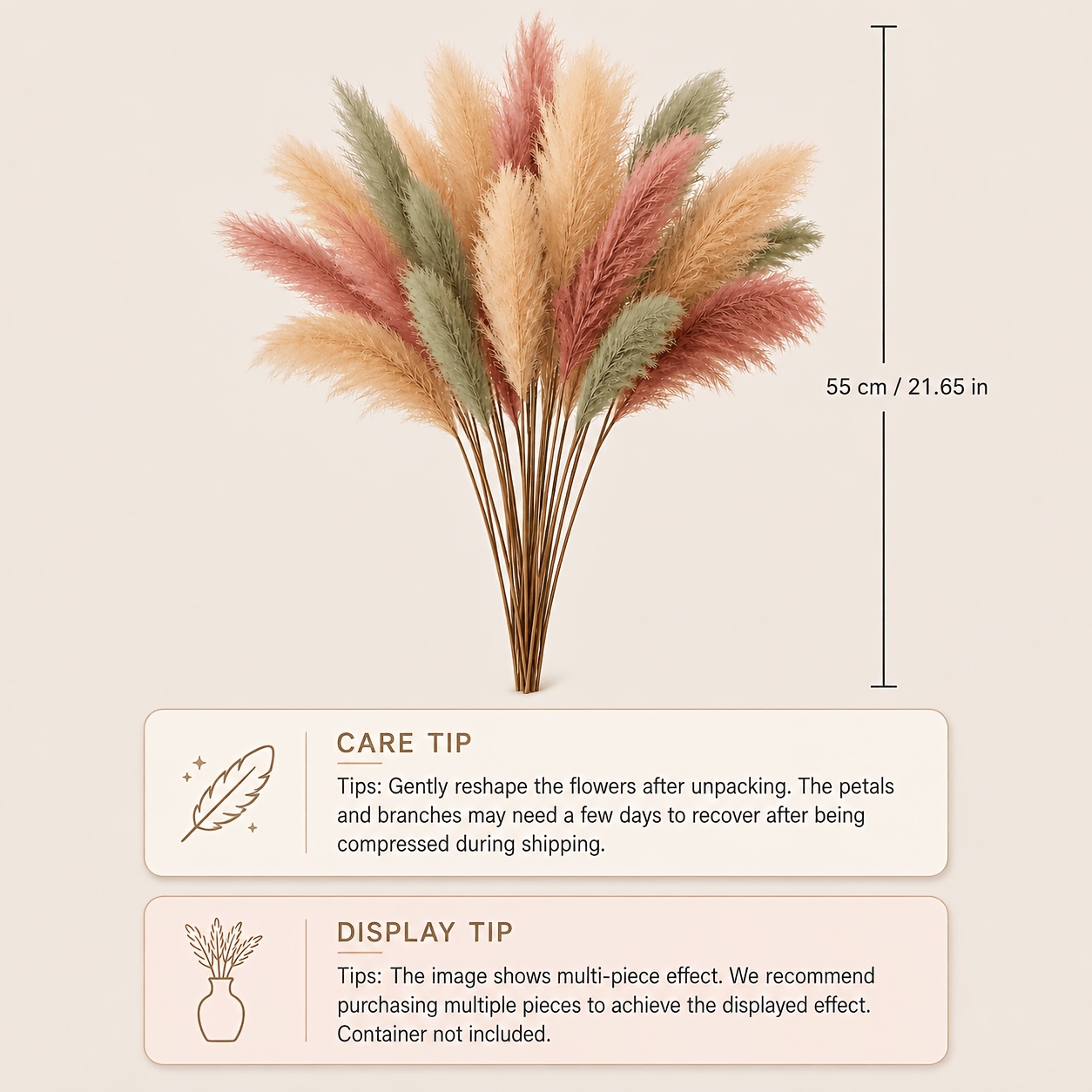 TEMU 12 Artificial Reeds In , Peach Pink, And Sage Green. Each Stem Measures 55cm/21.65 Inches In Length, Featuring A Fluffy, Realistic