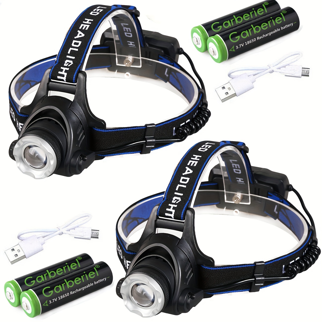 

2pcs Super Bright 3 Modes Zoomable Led Headlamp, High Lumens Usb Rechargeable Waterproof Headlight With 18650 Batteries For Hiking Camping Fishing