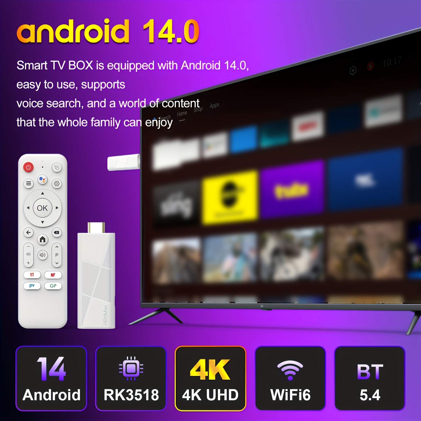 Dispositivo H96 Max RK3518 Android 14.0 TV Stick - Streaming 4K@60fps, WiFi 6/sin varillas 5.4, Control Remoto por Voz, Reproductor Multimedia con USB para Smart TV, HDTV, Dispositivo Compacto para Netflix, YouTube y Juegos - Compatible con TVs/Monitores/Proyectores, Entretenimiento en Casa, Diseño Moderno, Electrónica de Alto Rendimiento