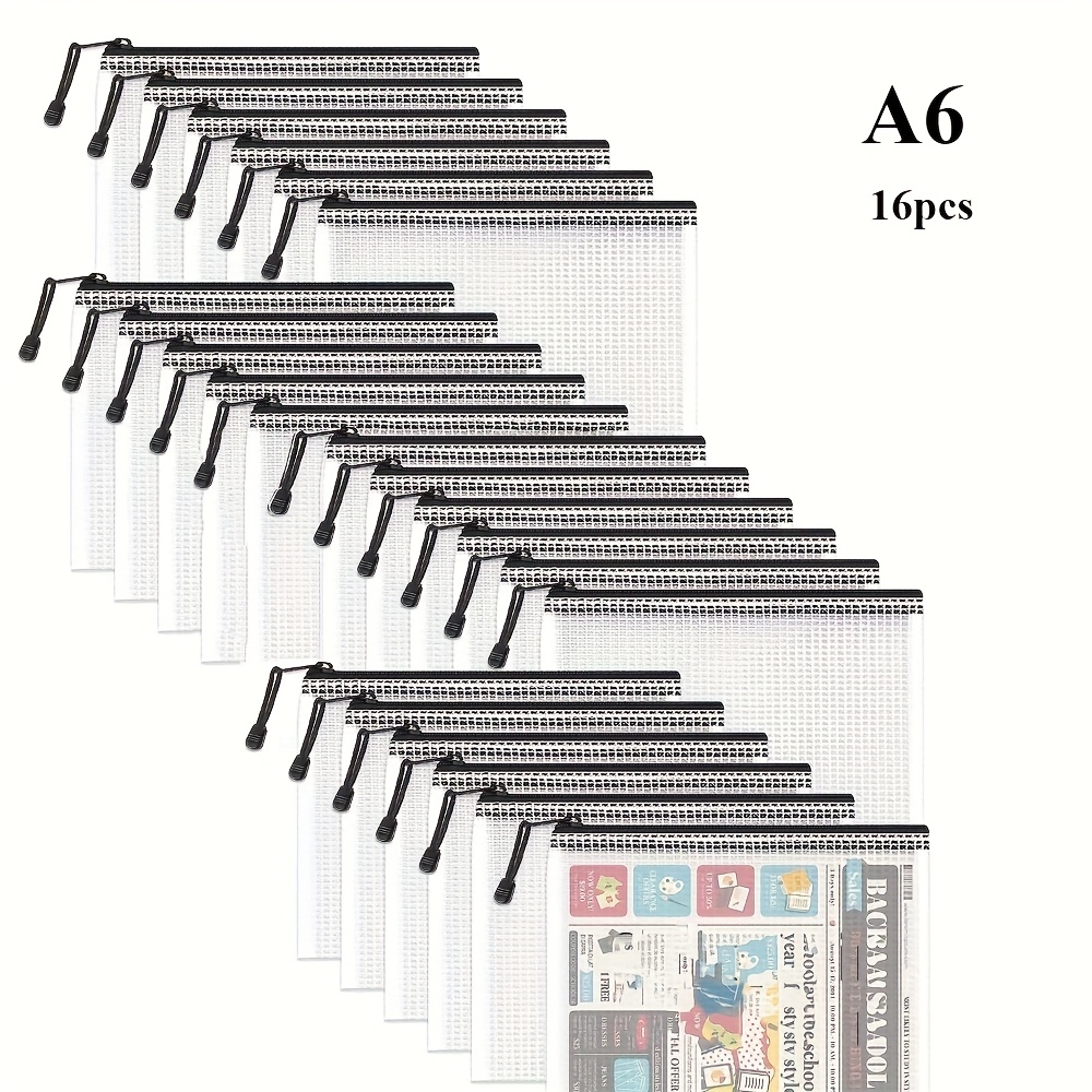 Image of 16-pack A6 Zipper Bags - Black Mesh Document Organizer For Craft Supplies, Travel Toiletries, Office & Cosmetic Storage