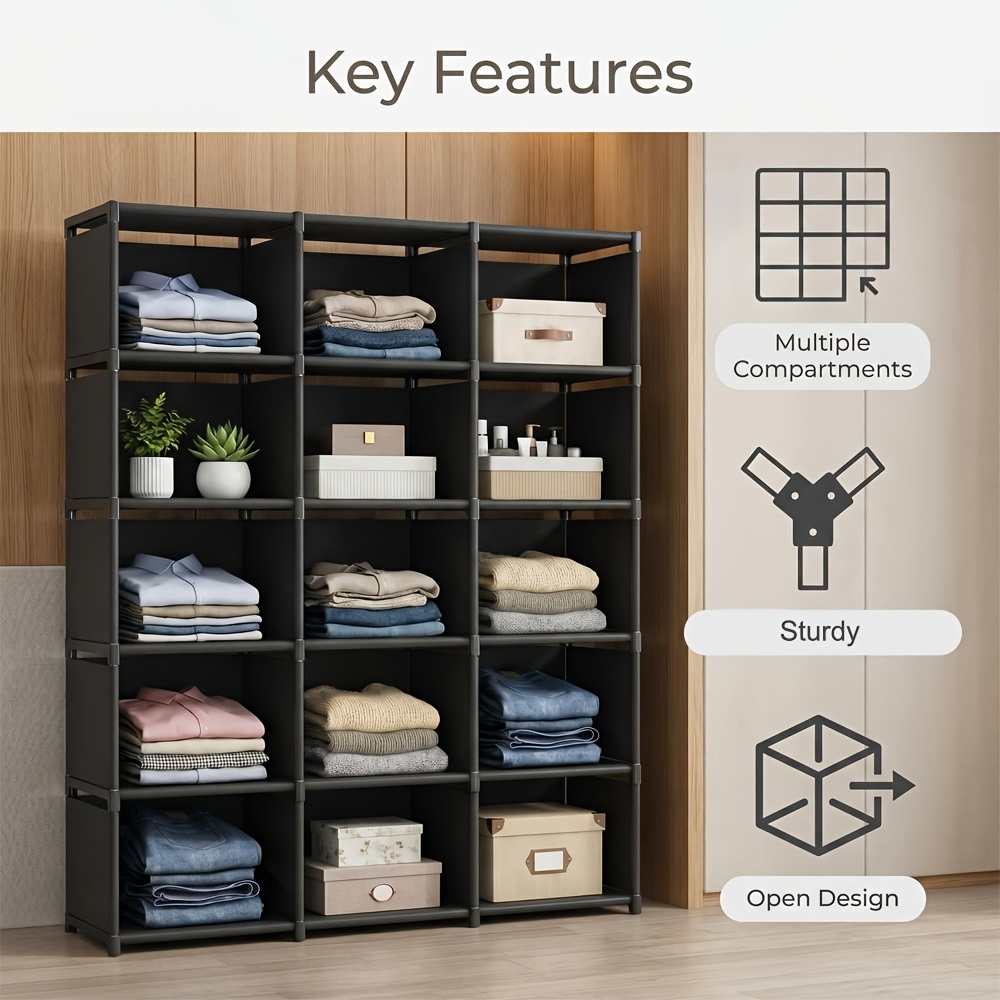 3 Tier Open Clothing Storage Shelf, Matte Black Multi-grid Separate Compartment Garment Organizer Rack, Thickened Free Standing Storage Unit For Bedroom Dorm Apartment