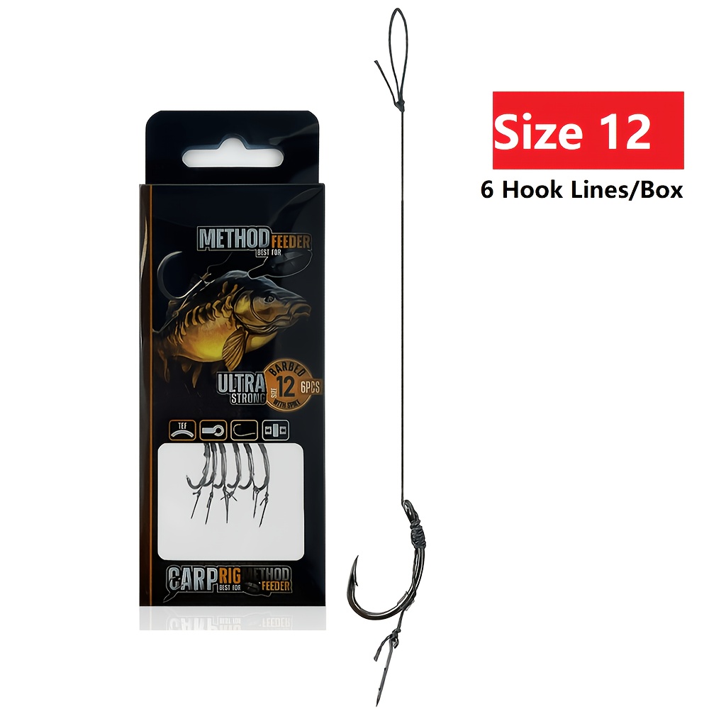 TEMU 6pcs Feeder Fishing Rigs - Braided Line With Barbed Hooks (size 6, 8, 10, 12) For Carp And Fishing Enthusiasts, Fishing Hooks