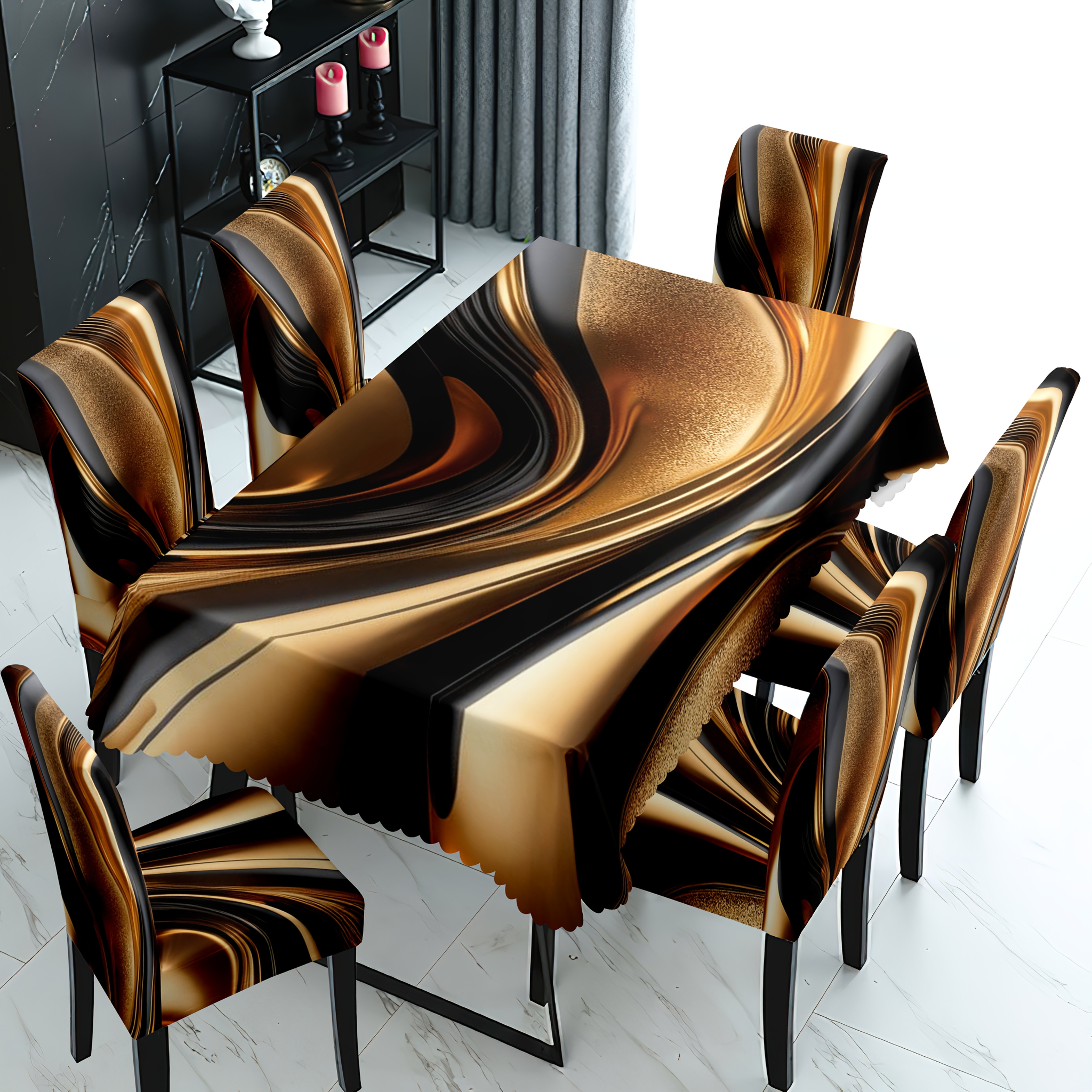 

Elegant 5/7pcs Dining Set: & Golden Geometric Print Tablecloth And Chair Covers - Stretch Fabric, Machine Washable, Home & Restaurant Decor