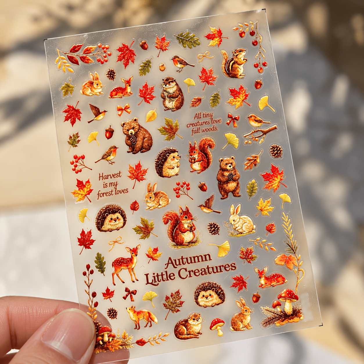 TEMU 1 Sheet 5d Embossed Autumn Forest Animal For Nail Stickers Cartoon Squirrel Bear Deer Rabbit And Maple Leaf For Nail Decals Cozy Fall For Nail