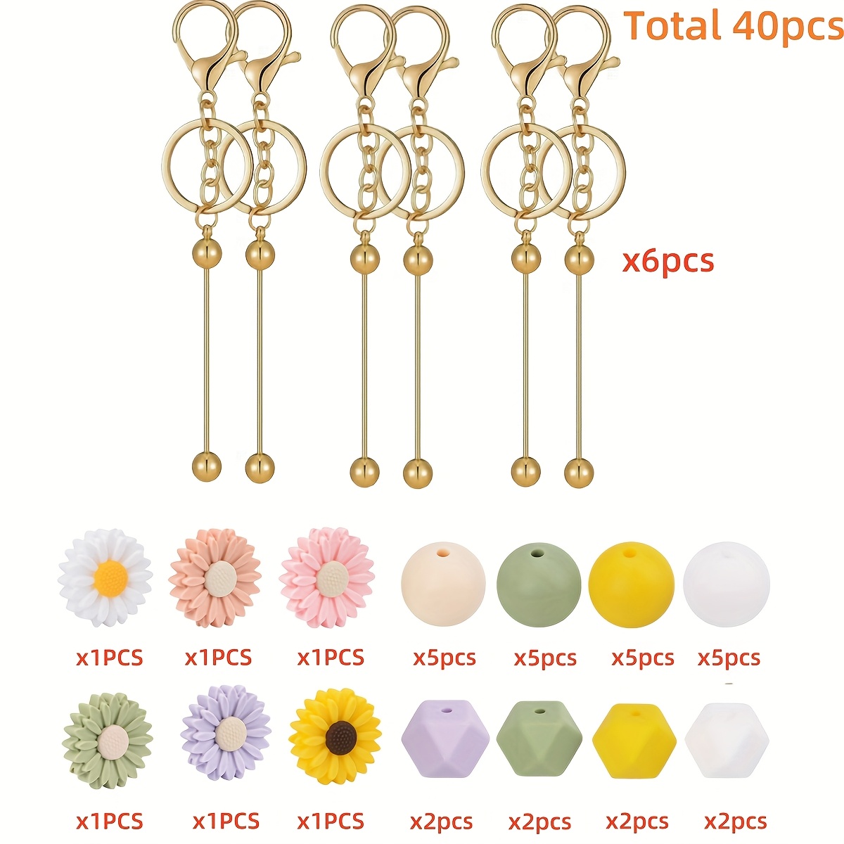 Image of 40pcs Silicone Bead Keychain Making Kit, Includes 6 Sets Of Long-stem Keychains And Daisy-shaped Silicone Beads, Perfect For Diy Keychain And Bracelet Crafting