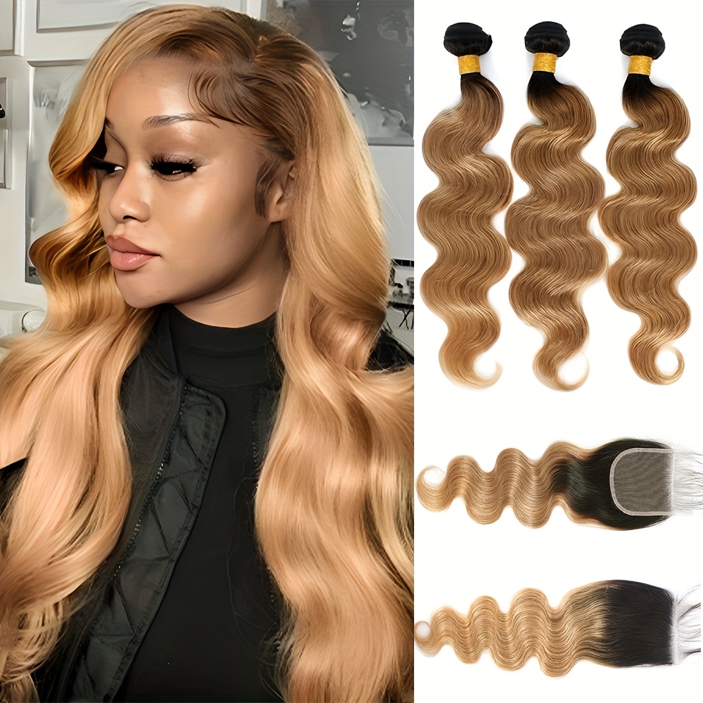 Bundles Brazilian Human Hair Extensions 1B/27 Ombre Black to Blonde  with 4x4 Free Part Closure Body Nat