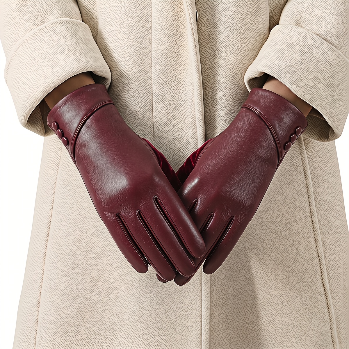 TEMU Women's Pu Beveled Edge Three-button Gloves, Autumn/winter -lined Warm Touchscreen Gloves, Fashionable Button-up Windproof Cycling And Driving