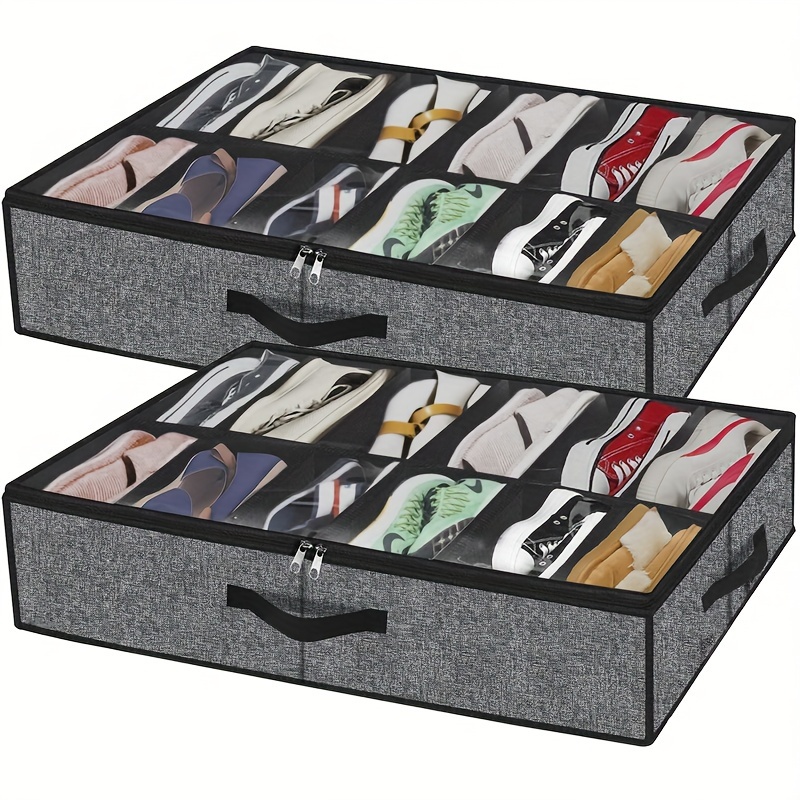 

Under-bed Shoe Organizer Box With Transparent Lid, Foldable Non-woven Fabric Grid Storage Bag, Collapsible Shoe Holder For Closet Organization