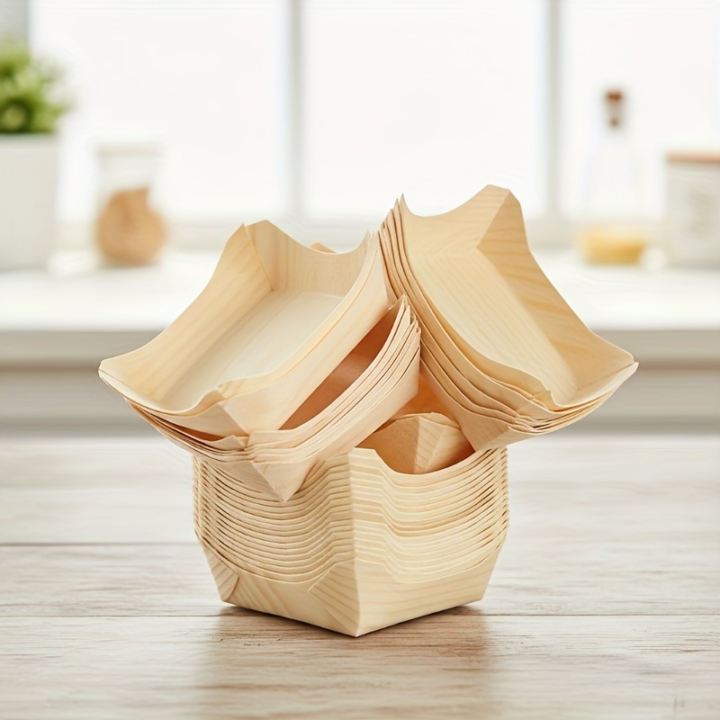 TEMU 50 Piezas de Bandejitas Desechables de Madera para Alimentos, Mini Tazas para Postres, Platos Cuadrados Pequeños para Aperitivos, Ideales para