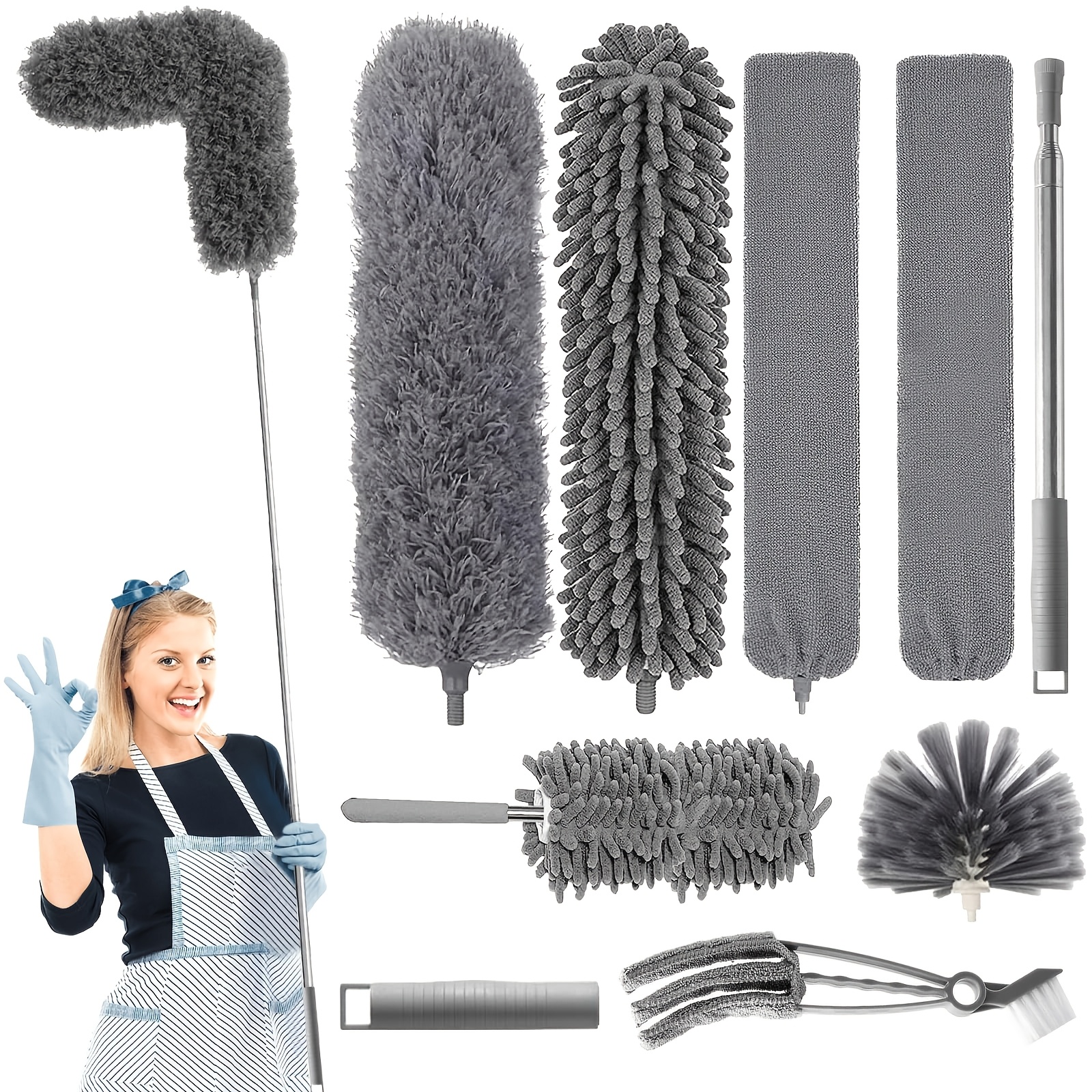Washable Dust Removal Duster, 9pcs Web Broom, With Telescopic Rod, For Cleaning Ceilings, Crevices, And Webs