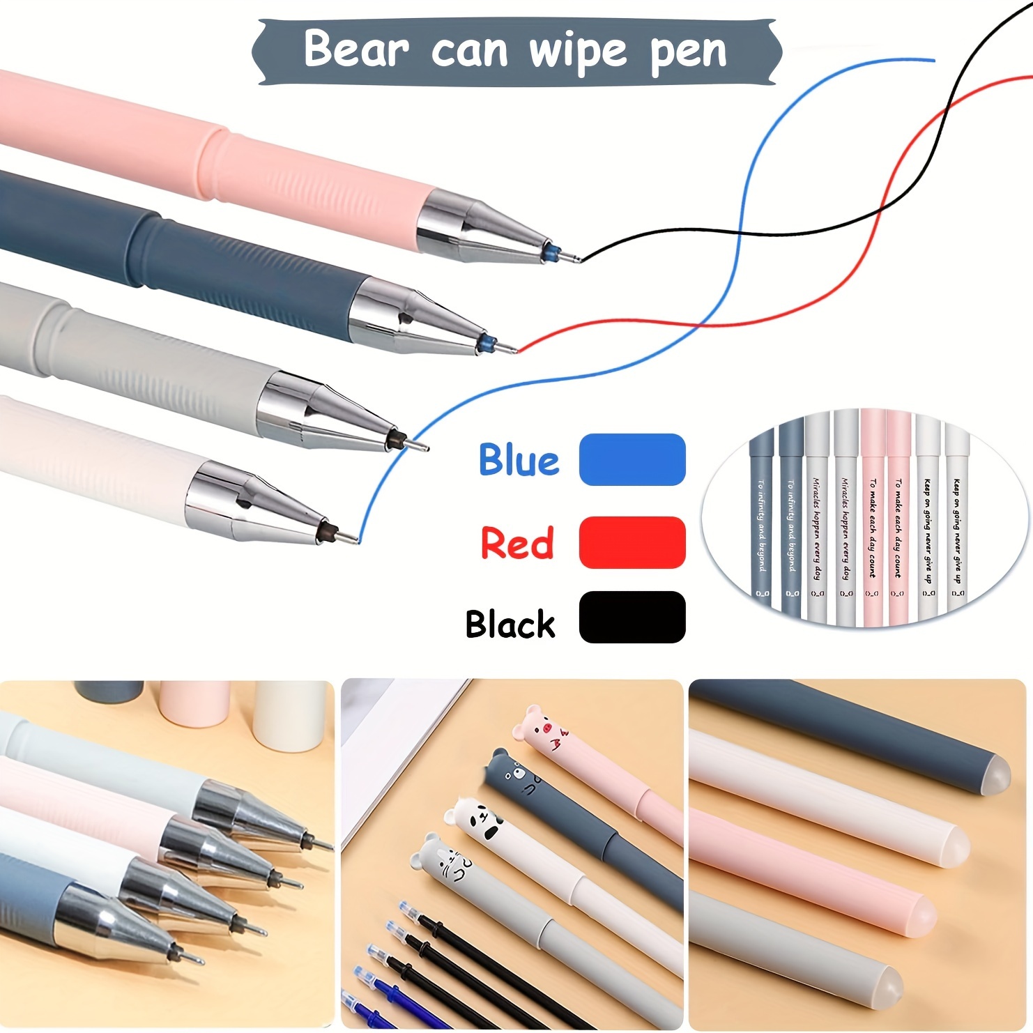 Lot 4 Stylos Gel Effaçables 0.5mm + 10 Recharges - Design Animaux Mignons, Pour Enfants Et école - 12